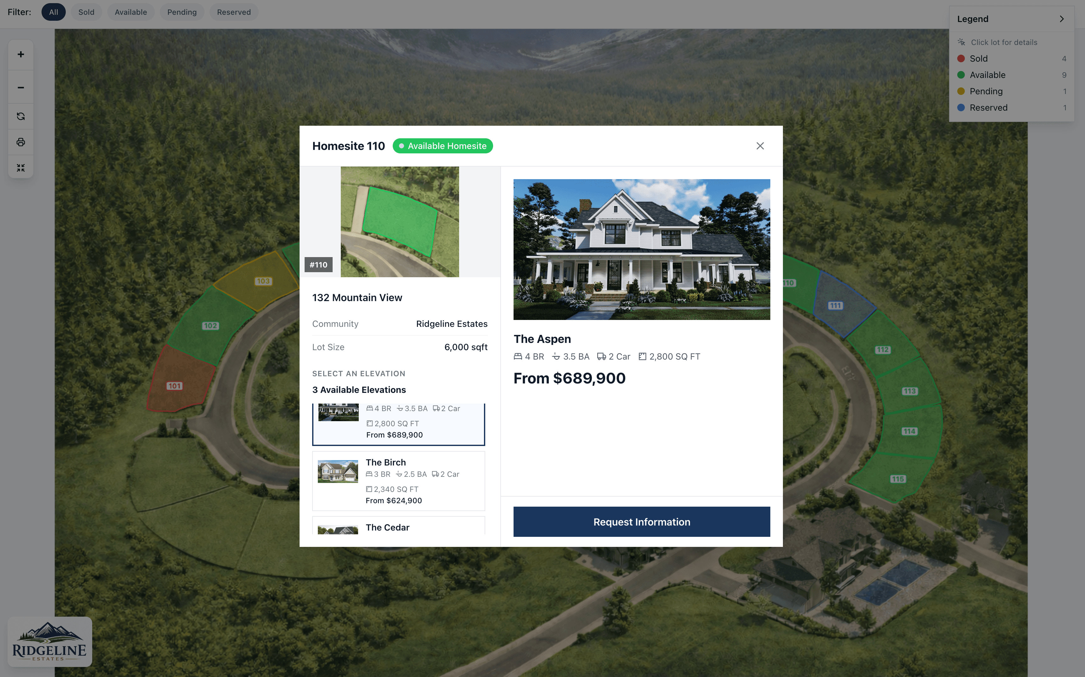 PlotAtlas interactive lot map showing real-time availability — available, sold, under contract, and coming soon lots with clickable details