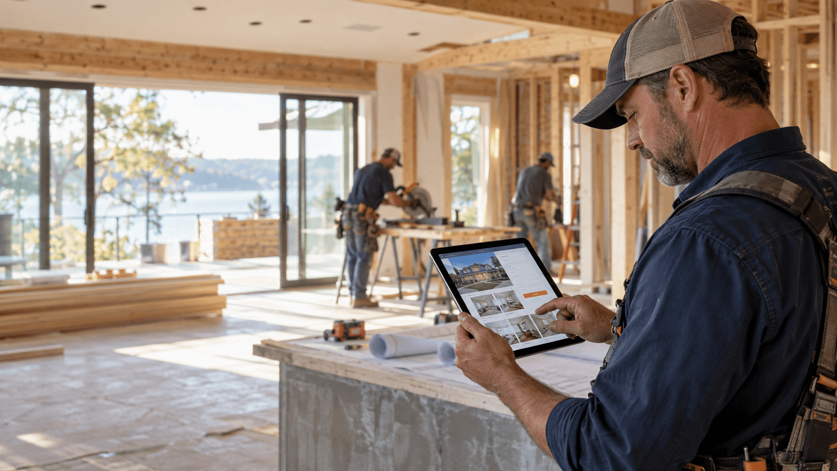 General contractor reviewing a business website on a tablet at a residential construction site