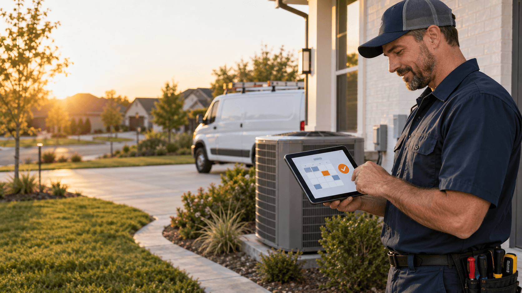 HVAC contractor using a tablet to confirm an online service appointment